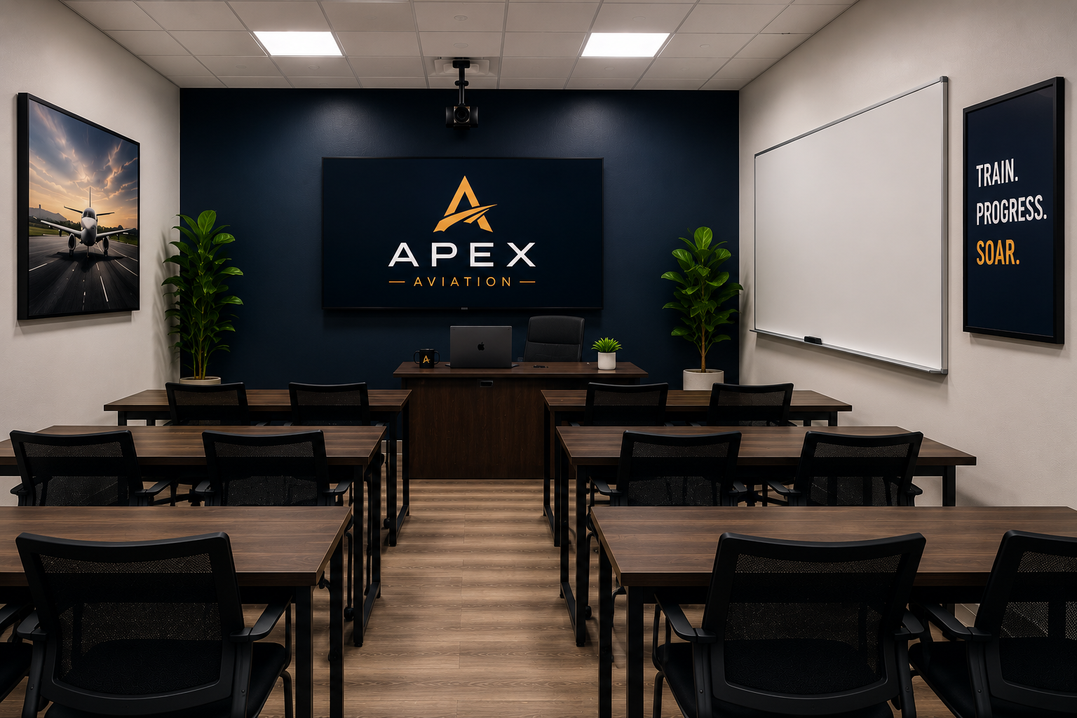 Apex Aviation ground school classroom — Austin facility rendering