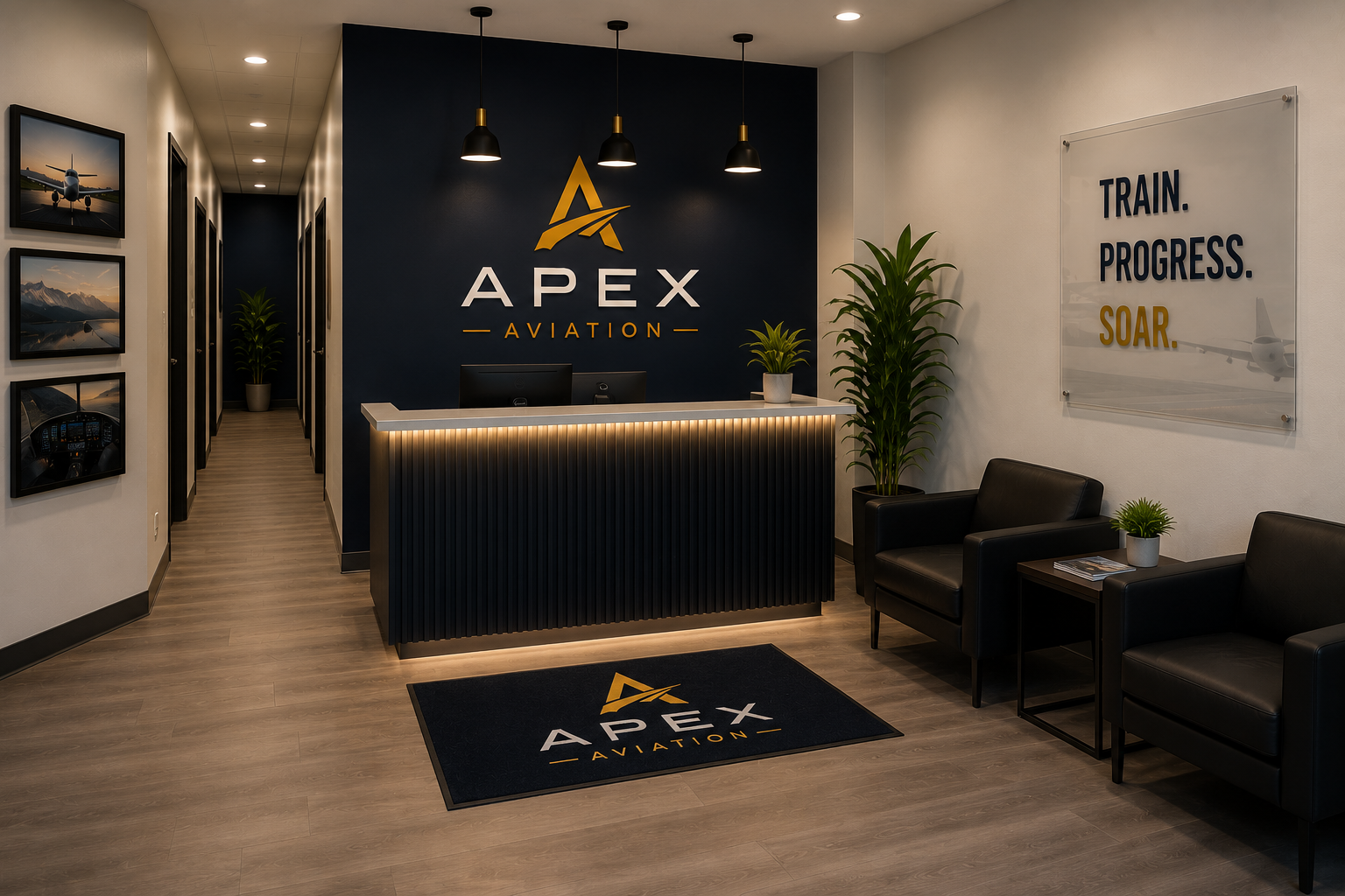 Apex Aviation lobby and reception area — Austin facility rendering