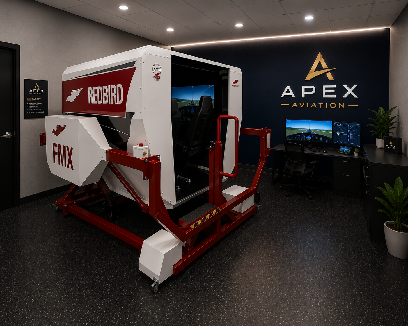 Apex Aviation Redbird FMX simulator bay — Austin facility rendering