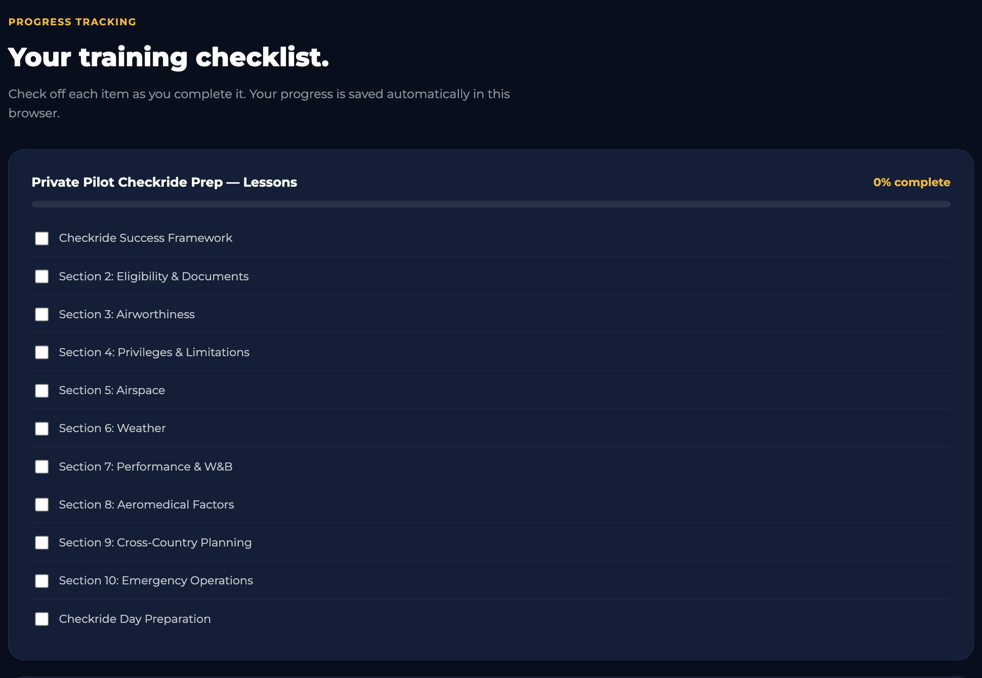 Progress tracking checklist for the Private Pilot Checkride Prep lessons, showing each section and a completion percentage